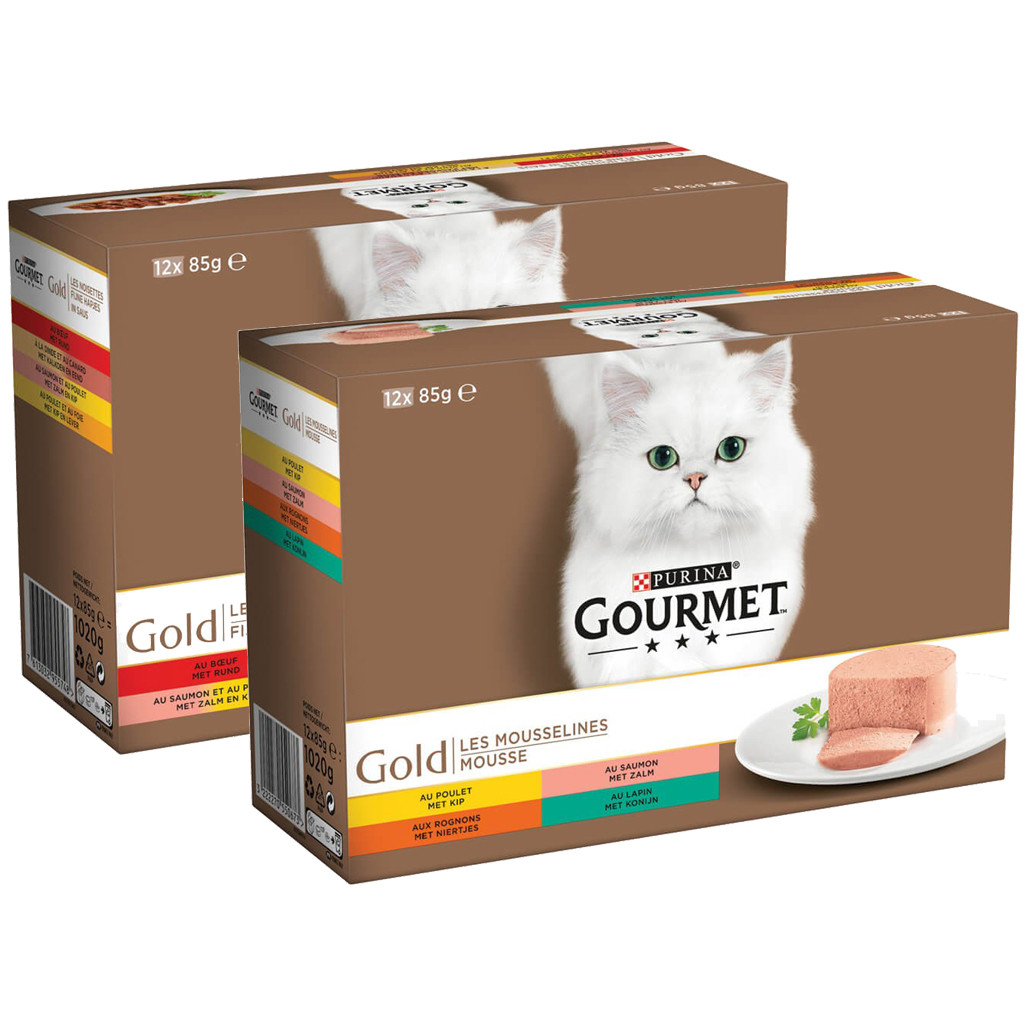 Gourmet Gold 12-Pack Mousse + Fijne Hapjes in Saus kattenvoer