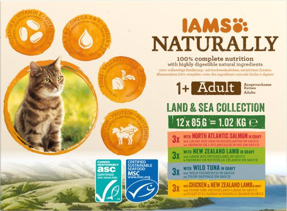 Iams Naturally Adult Land & Sea Collection pâtée à la viande & au poisson pour chat (12x85g)