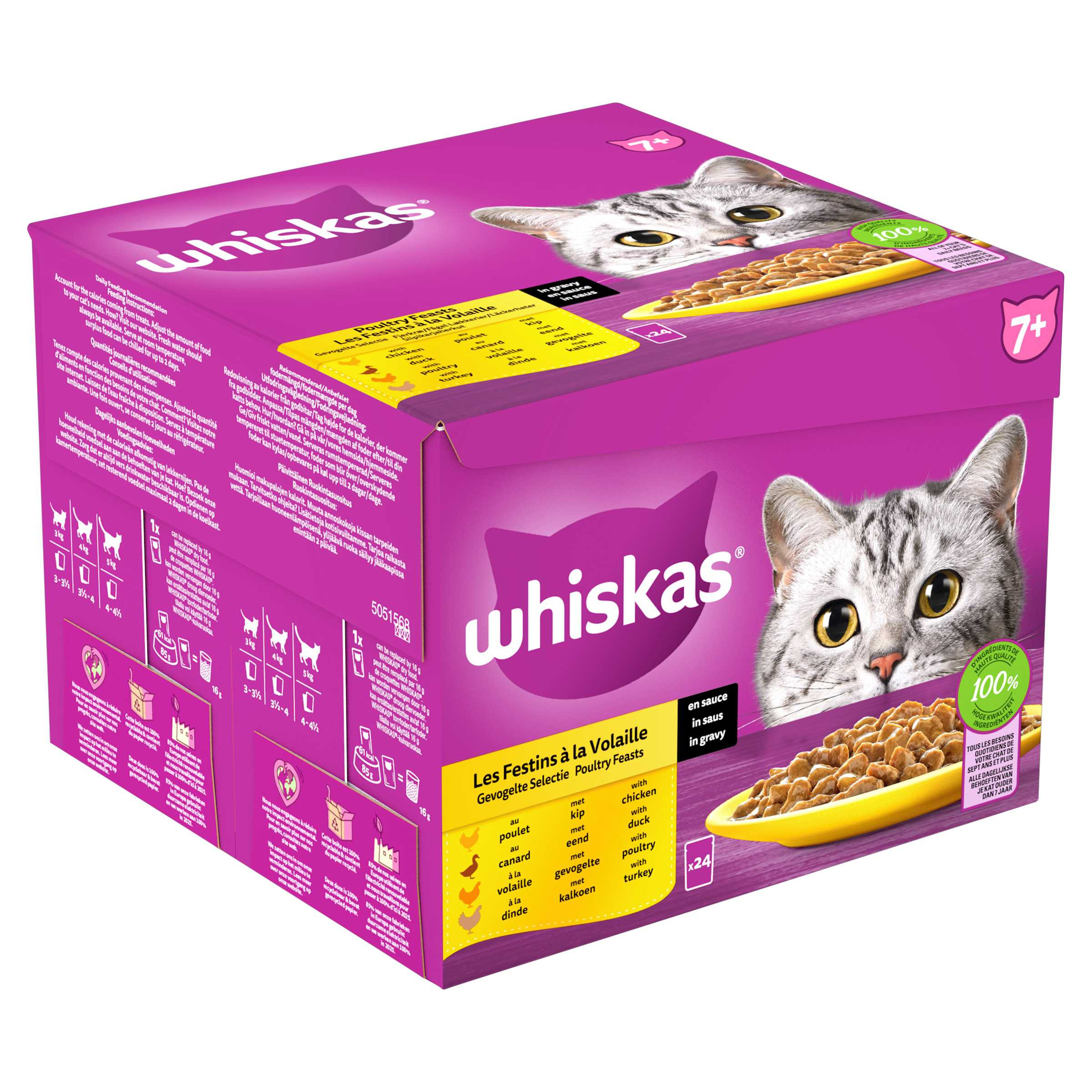 Whiskas 7+ Gevogelte Selectie in saus maaltijdzakjes multipack  (24 x 85g)