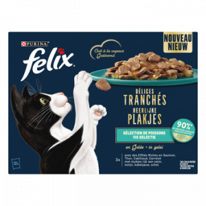 Felix Délices Tranchés Séléction de poissons au saumon, thon, cabillaud, à la plie en gelée pâtée pour chat 12 x 80 g