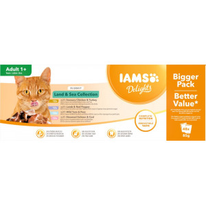 Iams Delights Adult Land & Sea Collection pâtée à la viande & au poisson en sauce pour chat (72x85g) 144 x 85 g