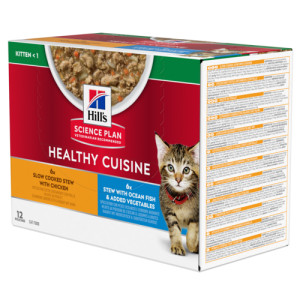Hill's Healthy Cuisine Kitten mijoté au poulet et aux légumes, au poisson de mer et aux légumes multipack pour chaton 1 boîte (12 x 80 g)
