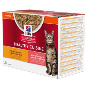 Hill's Healthy Cuisine Adult mijoté au poulet et aux légumes, au saumon et aux légumes multipack pour chat 1 boîte (12 x 80 g)
