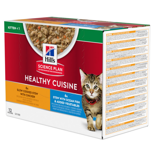 Hill's Healthy Cuisine Kitten mijoté au poulet et aux légumes, au poisson de mer et aux légumes multipack pour chaton