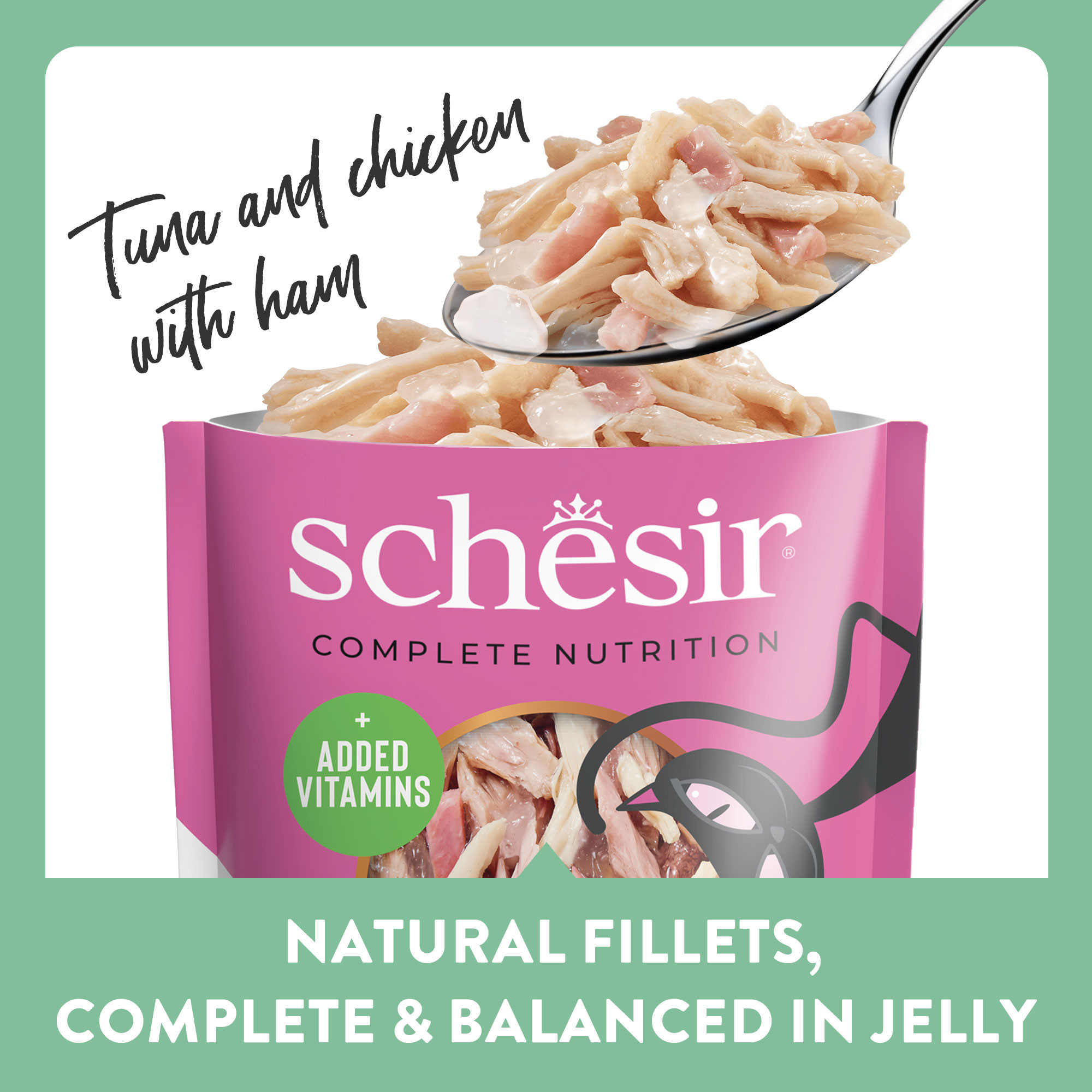 Schesir tonijn, kip met ham (jelly) natvoer kat (zakjes 85 g)