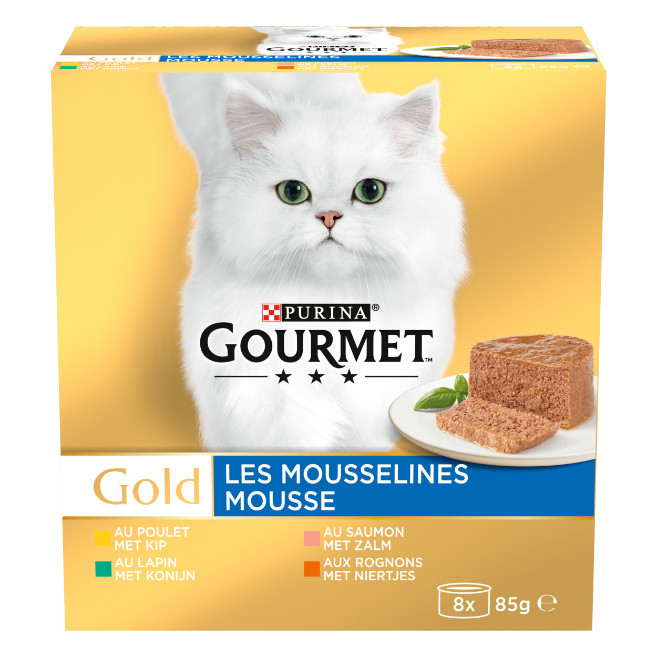 Gourmet Gold 8-Pack Mousseline Poulet/Saumon/Rognons/Lapin pour chat