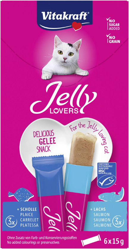 Vitakraft Jelly Lovers met zalm & schol kattensnack (6 x 15 g) Vitakraft Jelly Lovers met zalm & schol kattensnack (6 x 15 g)