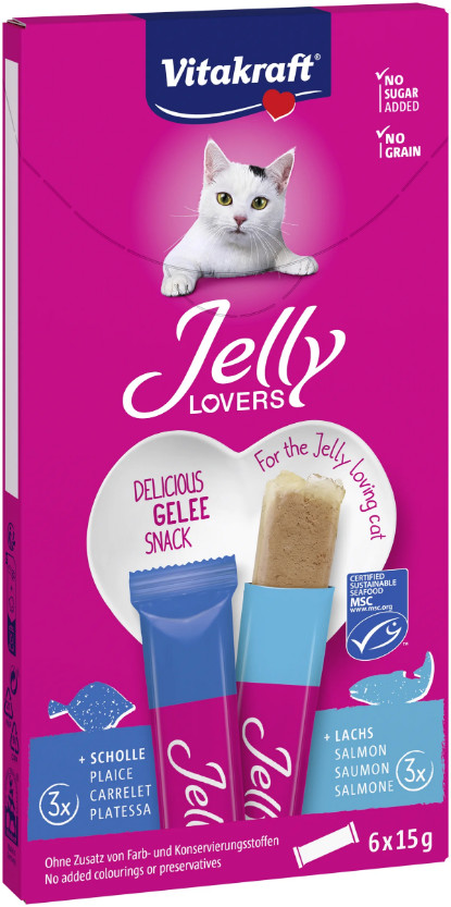 Vitakraft Jelly Lovers met zalm & schol kattensnack (6 x 15 g) Vitakraft Jelly Lovers met zalm & schol kattensnack (6 x 15 g)