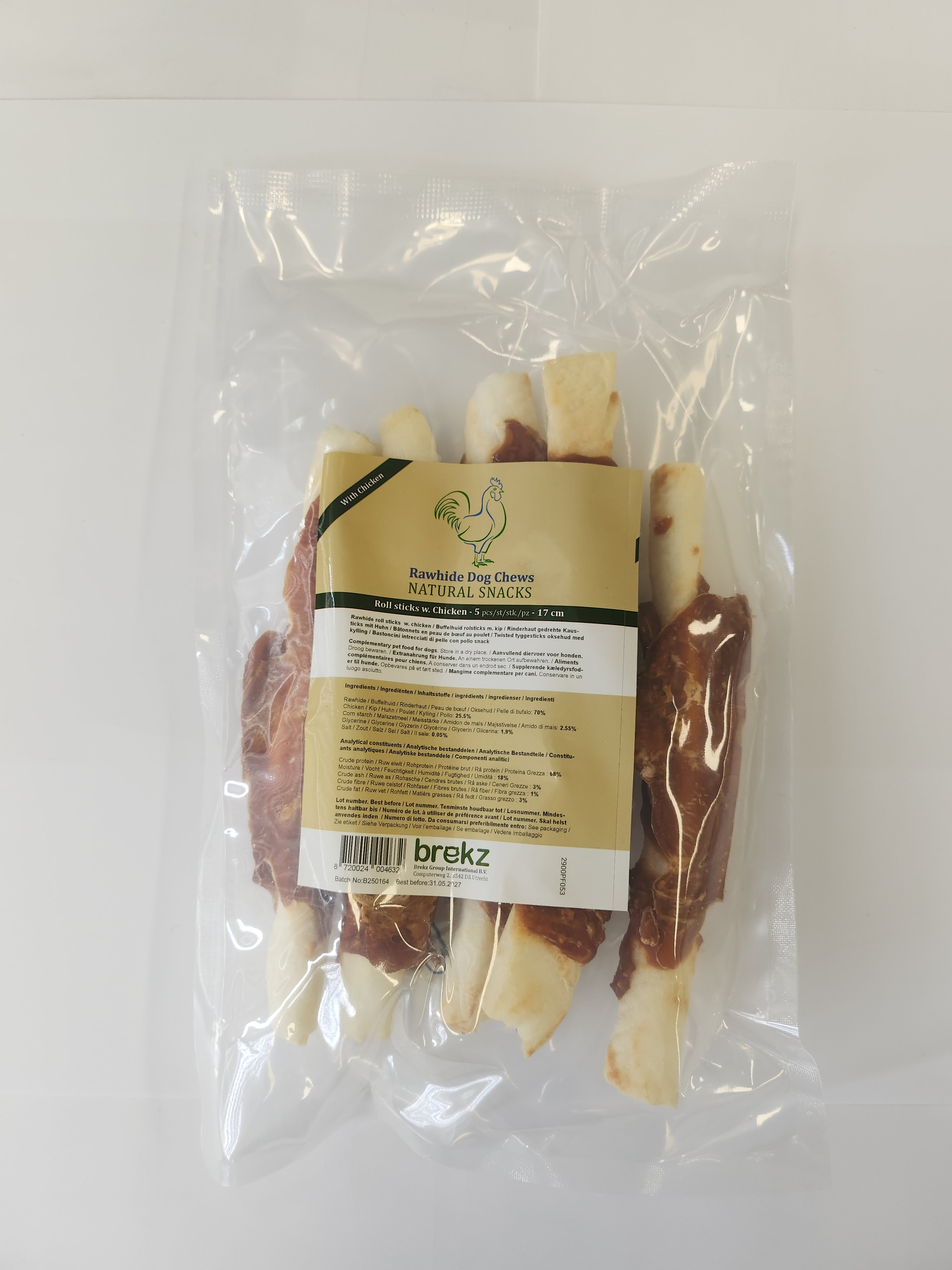 Brekz Rawhide Dog Chews - bâtonnets en peau de boeuf et poulet pour chien (17 cm)